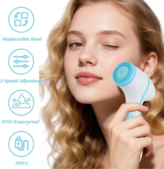 Facial Cleansing Brush, 3in1 Silicone Face Scrubber, Waterproof Facial Scrubber for Deep Cleansing, Rechargeable Face Exfoliation Brush with 2 Adjustable Speeds, Face Spin Brush for Women Men (Blue)