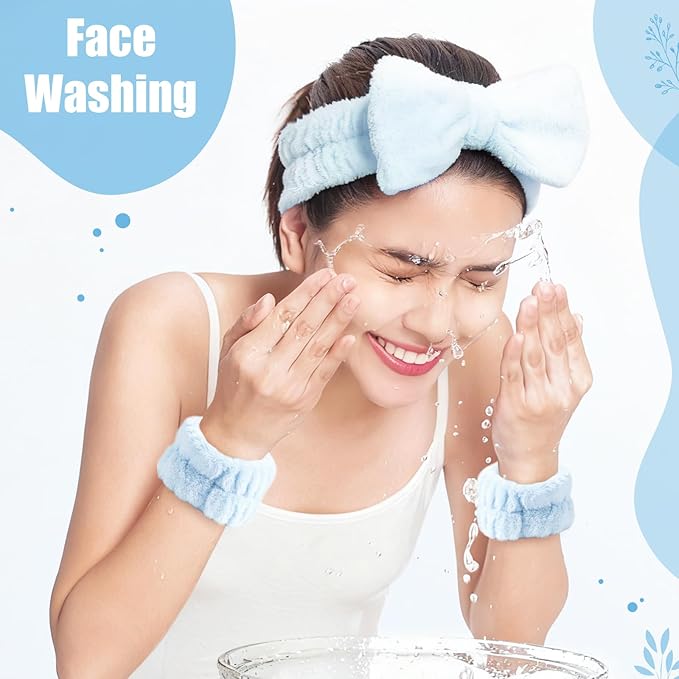 SPA Headbands and Wristband Set for Face Washing with Clear Bag Cute Skincare Makeup Headband Wrist Bands Hair Clips for Women Teenage Girls Gifts Trendy Stuff Blue