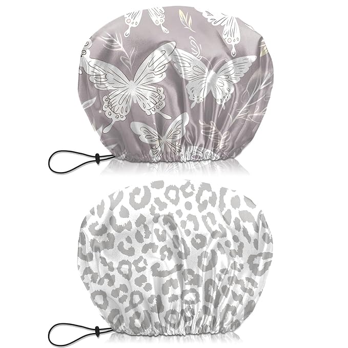 2 PCS Shower Cap Waterproof Double Layer Elastic Adjustable Reusable Hair Bath Caps for Girls Women Cute Aesthetic-Grey