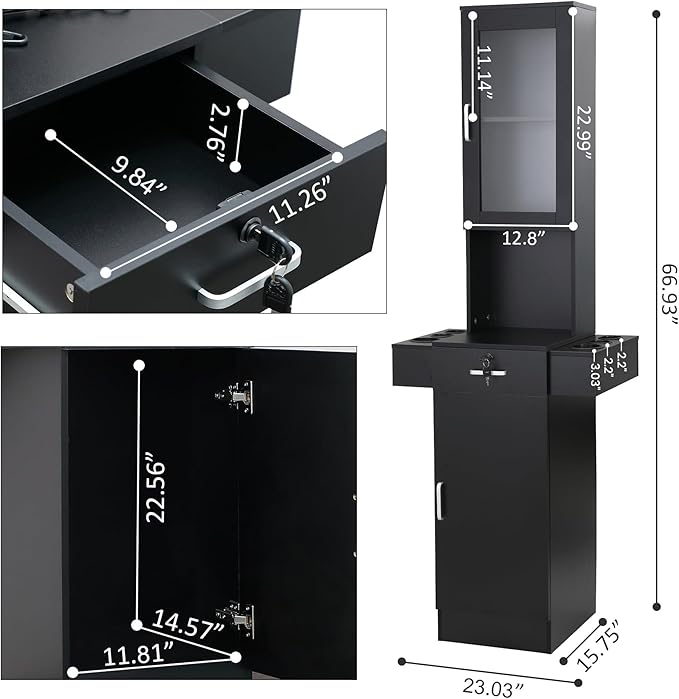RESHABLE Salon Station for Hair Stylist,Hair Styling Organizer Equipment with Glass Door,6 Tool Dryer Holders, 2 Storage Cabinet ，Beauty Spa Barber Equipment, Black