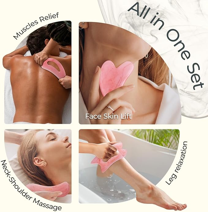 Scienlodic 4 Pcs Gua Sha Massage Tools for Face & Body (Pink, Resin) - Guasha Scraping Tool for Jawline Contouring, Puffiness Reduction, Neck, Back, Legs & Muscle Relaxation