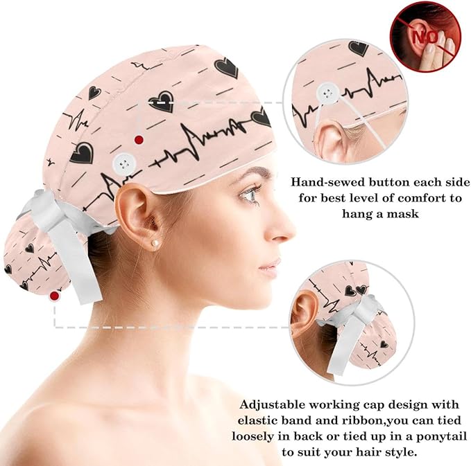 Women Working Cap with Buttons Bouffant Hat Autumn Leaves Nurse Scrub Caps Long Hair