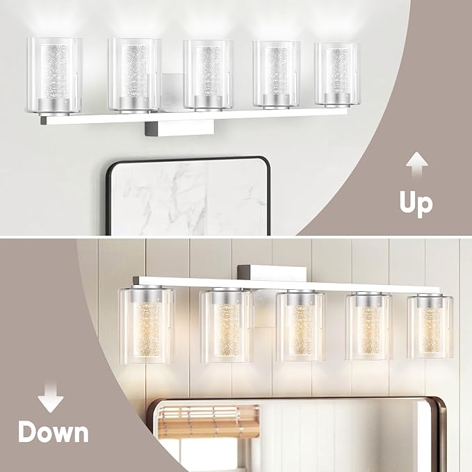 LED Modern Bathroom Light Fixtures Over Mirror, 5-Light Brushed Nickel Vanity Lights with 5 Color Modes, Dimmable Bathroom Vanity Light with Crystal Bubble Glass, 2700K-6500K Adjustable, ETL