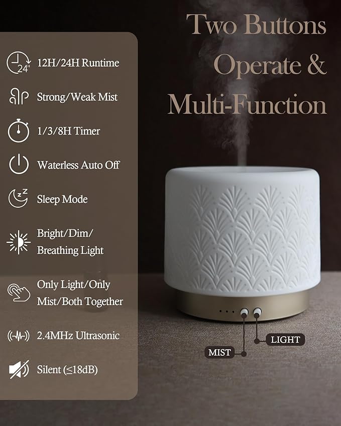 Ceramic Essential Oil Diffuser, 280ml 2.4MHz Ultrasonic Cool Mist Aromatherapy Diffuser with 12H/24H Runtime,Auto Shut-Off,Quiet Operation,3 Timer Settings for Large Room,Home,Office,SPA,Yoga,Gift