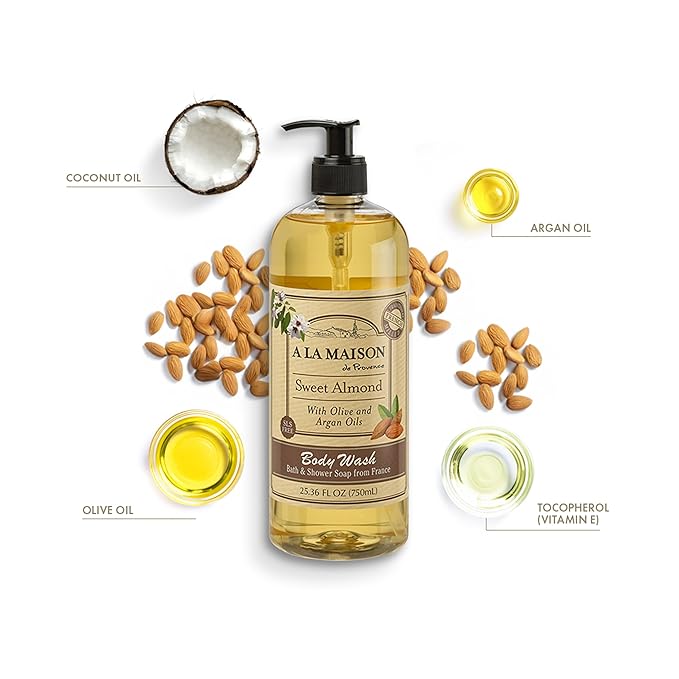 A LA MAISON French Hydrating Liquid Body Wash, Sweet Almond - Natural Body Wash Made with Essential Oils - Biodegradable, Plant-Based, Vegan, Cruelty-Free, Alcohol & Paraben Free (25.36 oz, 1 Pack)
