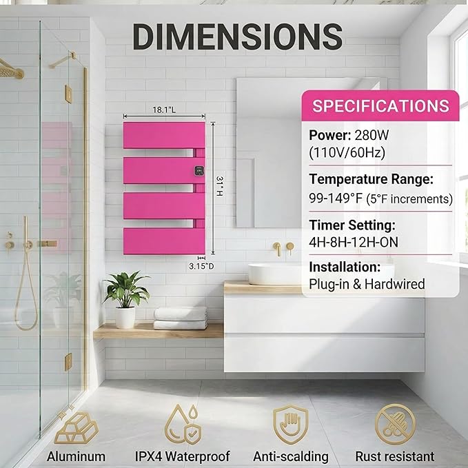 Electric Towel Warmer, Heated Towel Rack with Thermo Control and Timer, Fast Heating Towel Rail for Bathroom with Memroy Function, Work with Smart Plug, Right-Wiring, 4 Panel, Pink