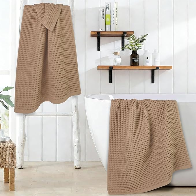 Jacquotha Waffle Bath Towels 2-Piece (Tan) - Cotton, Soft, Lightweight, 31” x 62” Large Bath Towel for Bathroom, Shower, Spa, Beach