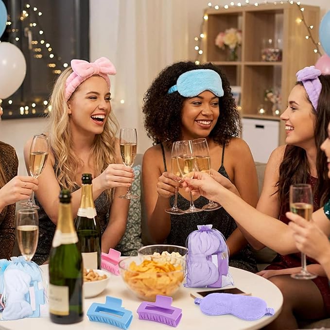 48 Pcs Spa Party Supplies Sleepover Essentials Gift for Mother's Day Spa Headband Plush Eye Mask Claw Clips Organza Bag for Women Adult Slumber Party Supplies (Pink,Blue,Purple)
