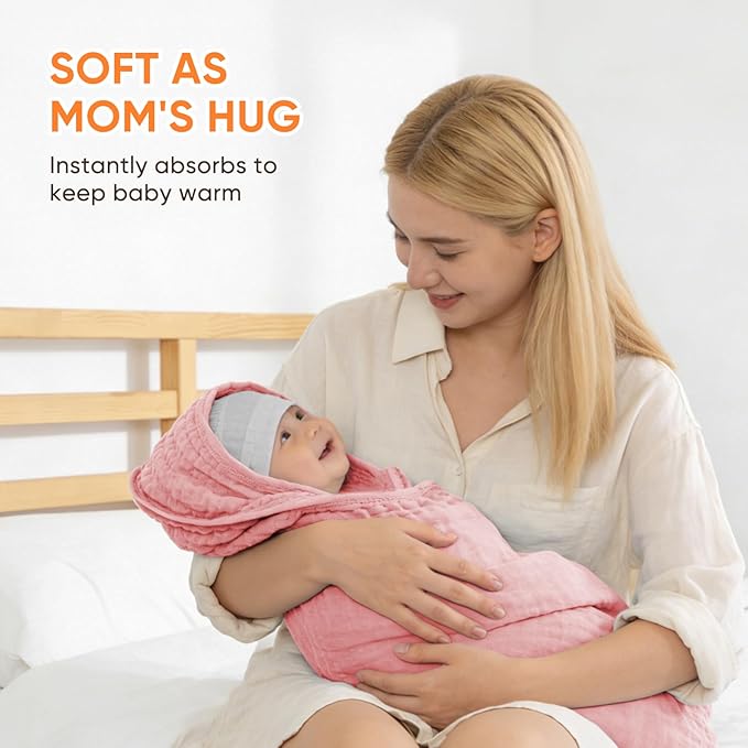 MIGIOL Muslin Hooded Baby Towels 100% Cotton ，Super Soft Muslin Baby Bath Towel - 32 x 32 Inches, Suitable for Newborn and Young Children up to 3 Years Old. (Light Pink & Dark Pink)