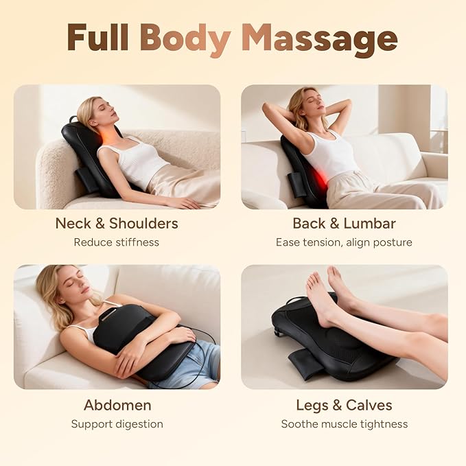 Back Massager with Heat, 4D Rolling Massage Nodes for Upper & Lower Back Pain Relief, 4 Modes & 2 Speeds Deep Tissue, Includes Car Adapter for for Car Office Home & Travel