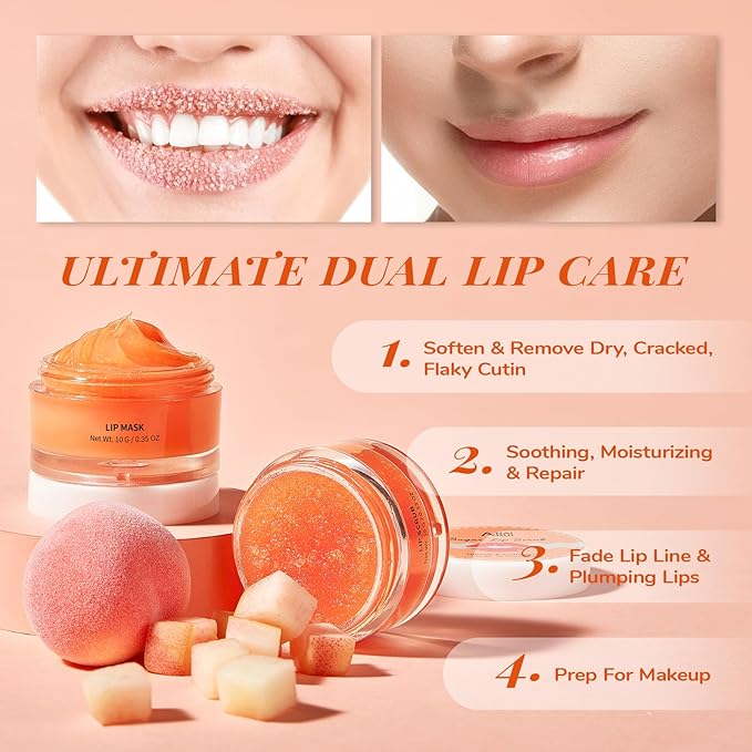 ANAI RUI Lip Scrub & Mask Set, Lip Scrubber Exfoliator, Lip Sugar Scrub, Lip Sleeping Mask, Moisturizering for Dry, Chapped, Dark Lips, Overnight Lip Mask, Peach, Mothers Day Gifts