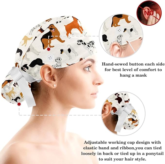Ethnic Aztec Pattern Adjustable Scrub Cap Hat with Button, Working Hat Sweatband with Bow Hair Scrunchy for Woman