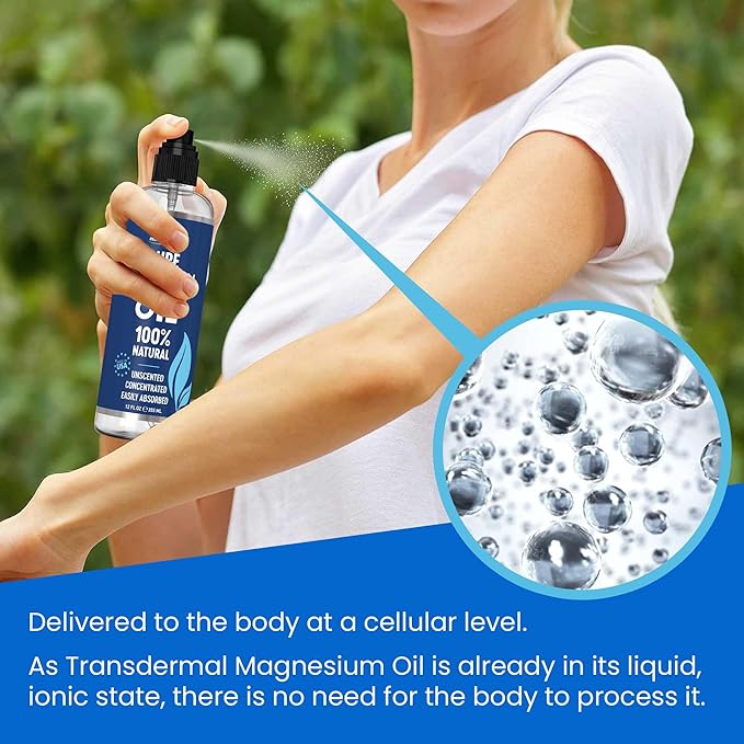 Pure Magnesium Oil Spray 12oz - Topical Magnesium Spray for Sleep & Feet - Extra Strength - USP Grade - 100% Natural and Organic Oil for Muscle Pain & Cramps - Less Sting - Less Itch - Made in USA