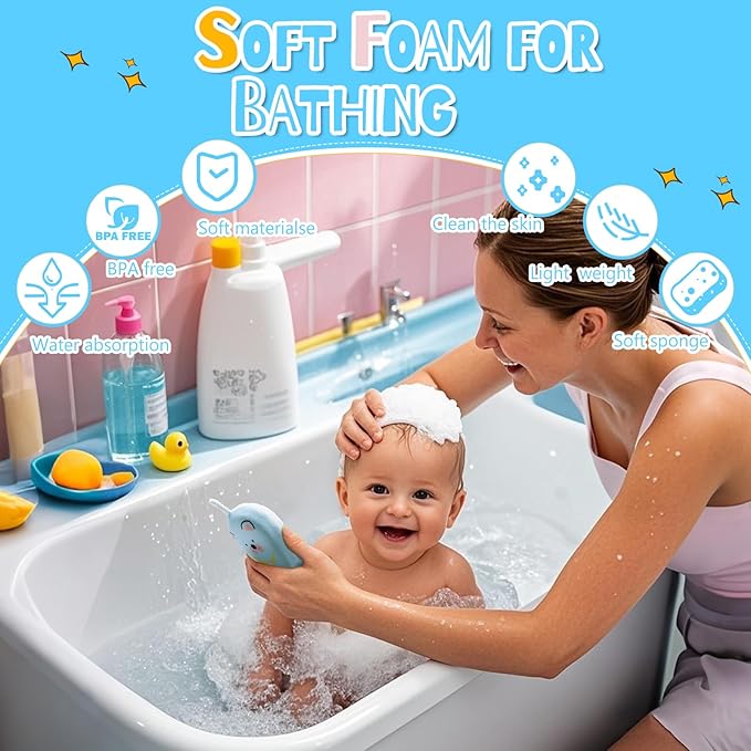 Baby and Kids Bath Loofah Sponge, Soft and Absorbent Toddler Exfoliating Body Scrubber Shower Loofa Sponge,Cute Pattern Design for Kids Baby Women Boys and Girl, 3 Pack (Bear/Dog/Cat)