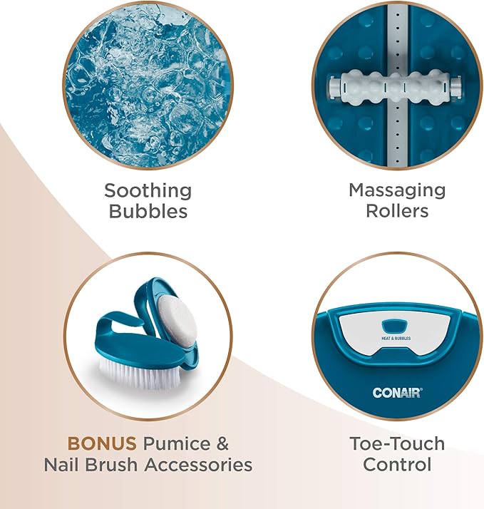 Conair Pedicure Foot Spa Bath with Heat reaching 104 Degrees, Massaging Foot Rollers, Soothing Bubbles, Pumice Stone and Nail Brush Included