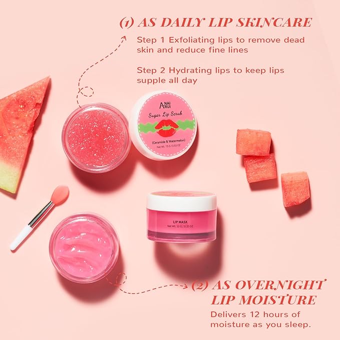 Hydrating Lip Mask Set, Lip Scrub & Lip Butter, Overnight Lip Treatment Set Enriched With Ceramide, Watermelon and Shea Butter, For A Softer & Smoother Lips, Overnight Lip Mask Mothers Day Gifts