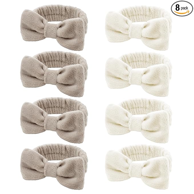 8 Pack Beige SKincare Headband for Washing Face,Spa Headbands for Women Girls Cute Bow Headbands for Makeup Face Wash Hair bands Slumber Party Supplies