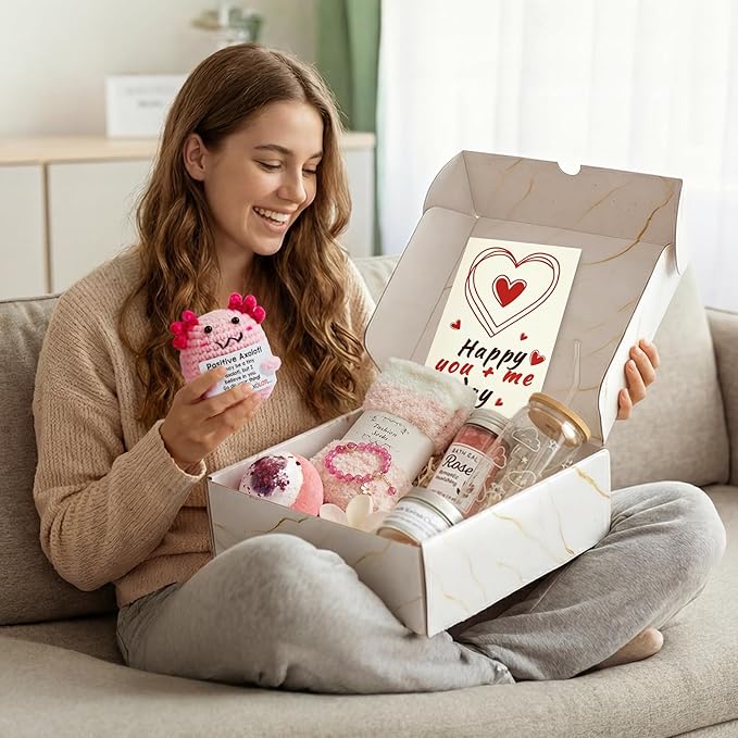 Birthday Gifts for Women, Pink Romantic Self Care Gift Set for Her with Glass Cup, Axolotl Gifts, Bath Bombs & Bath Salts, Socks, Thoughtful Birthday Gift for Wife, Girlfriend or Best Friend