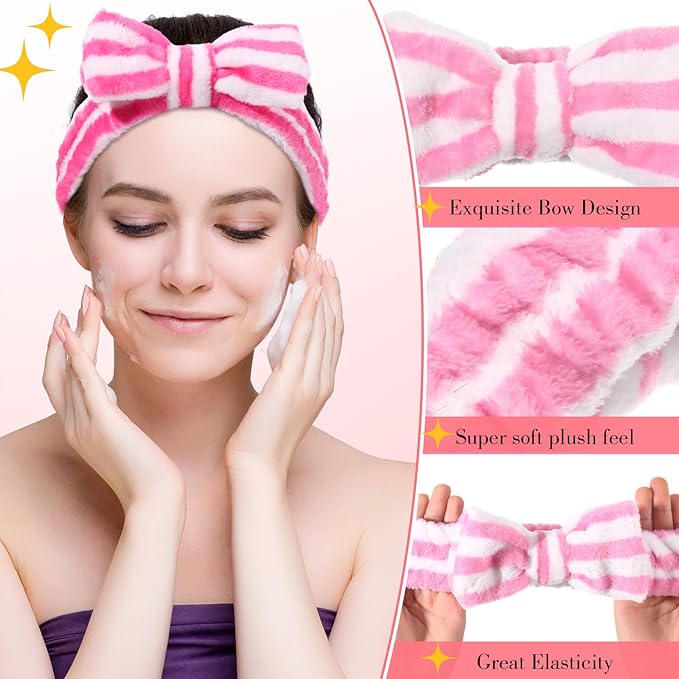 WILLBOND 24 Pieces Spa Headband Bulk Skincare Headbands Face Wash Makeup Hairband Bow Facial Washing Face Head Wraps Adjustable Soft Flannel Towel for Women Shower (Cute)