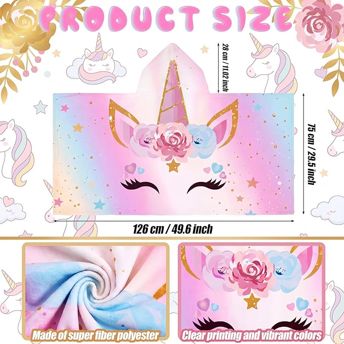 Peryiter 1 Pcs Unicorn Hooded Bath and Beach Towel 100% Cotton Pool Towels Wearable Bath Poncho Wrap for Swimming Shower Pool Travel Trips Vacations Absorbent Soft Cozy Beach Blanket