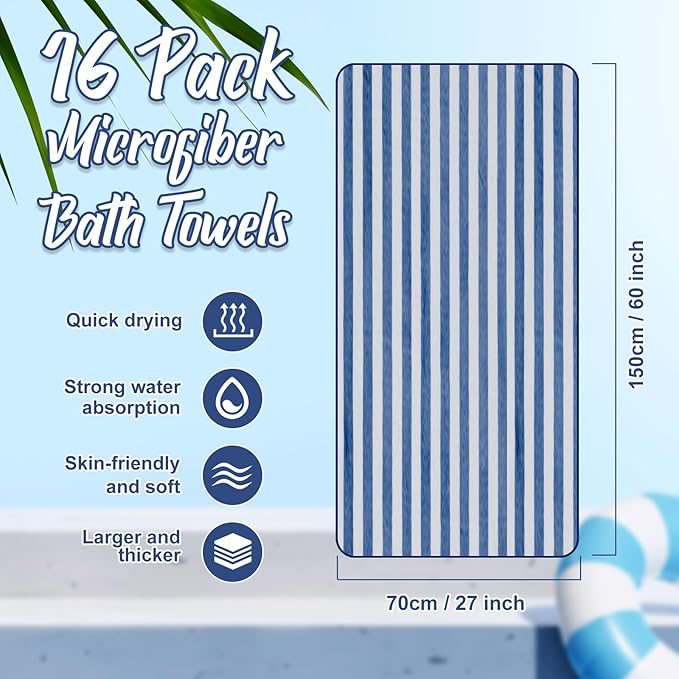 SmoothNovelty 16 Pack Microfiber Bath Towels Bulk 27'' x 60'' Oversized Size Bath Towel Highly Absorbent Extra Large Soft Drying for Beach Shower Summer Salon Sport Gym Party (Stripes,Haze Blue)