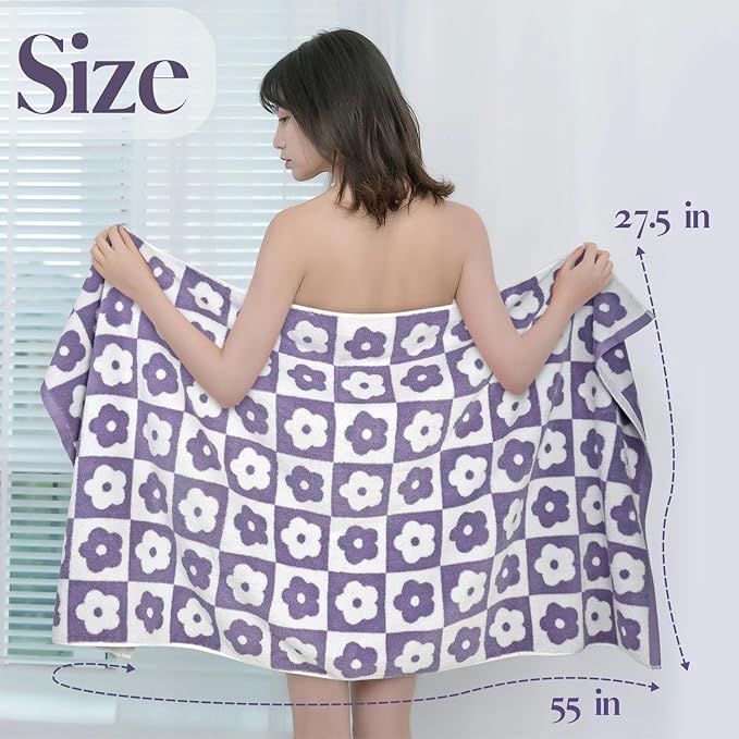 Jacquotha 2-Pieces Luxury Bath Towels Checkered Floral, Purple Towels for Women Girls Shower Body 27.5x55 Inches, Cute Bathroom Decor, Cotton