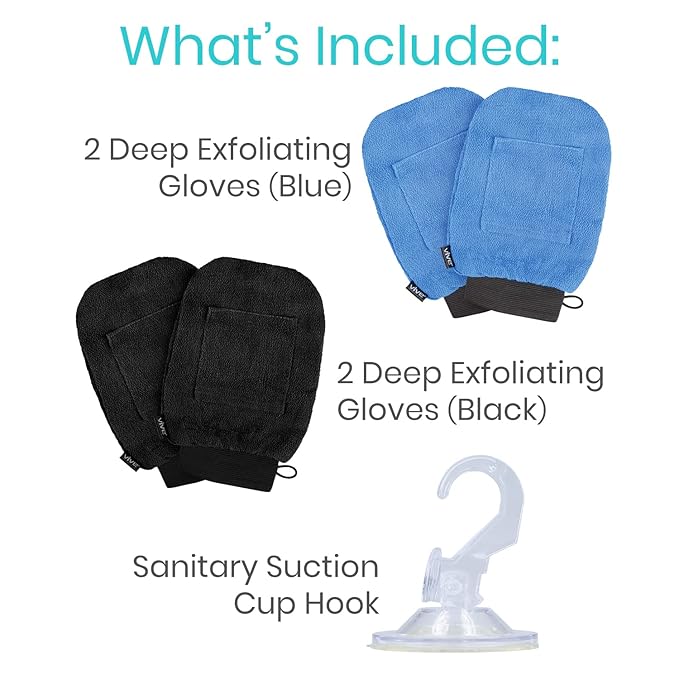Vive Exfoliating Mitts for Body (4 Pack) - Scrub Gloves with Soap-Saver Pocket - Body Exfoliate Shower Dead Skin Remover - Deep Microdermabrasion Exfoliator for Kerastosis Pilaris - Premium