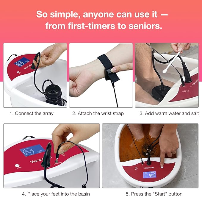 veicomtech Ionic Foot Bath Detox Machine, Foot Detox Machine, Ionic Foot Spa Kit with 10 Ginger Tablets 2 Arrays 25 Tub Liners for Home use or Salon