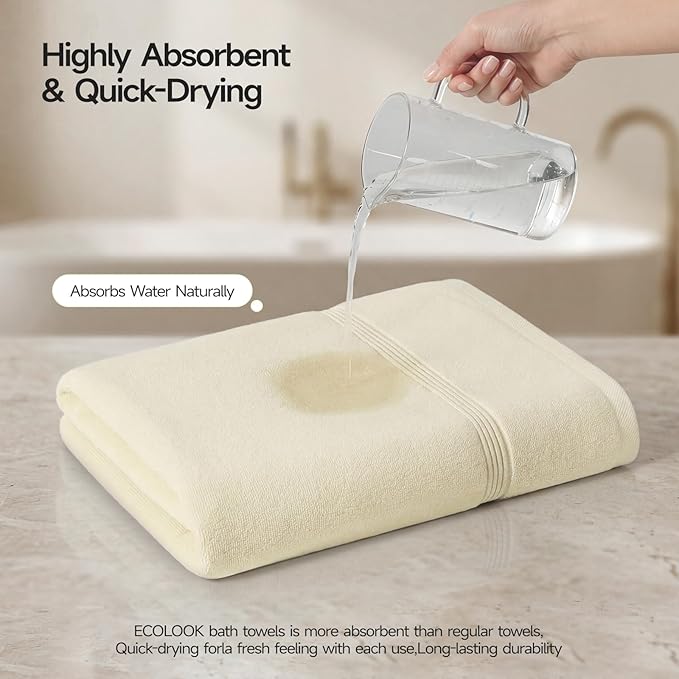 ecolook Bath Towels Set of 4,100% Cotton,27 x 55 Inches,Quick-Drying & Absorbent,Soft,Lightweight Towels for Bathroom,Shower,Spa, Gym & Hotel,Beige