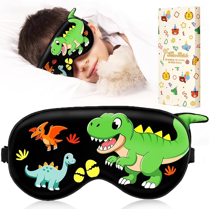 Miss Adola Sleep Mask for Kids - Valentines Gift for Kids Cute Silk Eye Cover for Sleeping Soft Kawaii Eyeshade Animal Eye Blindfold with Adjustable Strap for Boys Teens, Dinosaur