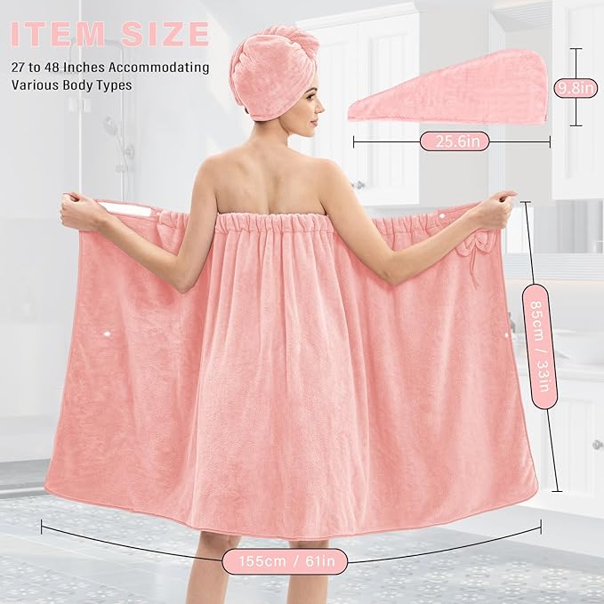 Bath Wrap Towels for Women – Adjustable Spa Shower Wrap with Super Absorbent Microfiber, Quick-Dry Body & Hair Towel Set for Home, Hotel, Beach, Pool, Gym, Travel (Pink, L - XL)