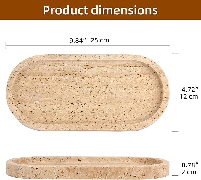 Natural Marble Tray Oval, Bathroom Vanity Tray for Countertop, Elegant Stone Decorative Organizer for Perfume, Jewelry, Home Decor (1, Travertine, 10 x 5 x 0.6)