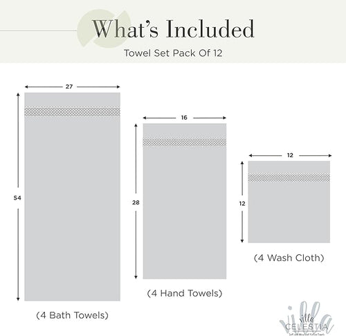 100% Cotton Bath Towel Set of 12-4 Bath Towels, 4 Hand Towels, 4 Wash Cloths, Sustainable, Soft, Highly Absorbent, Combed Cotton 12 Piece Set for Hotels, Spa, Bathroom, Dorm, Sage
