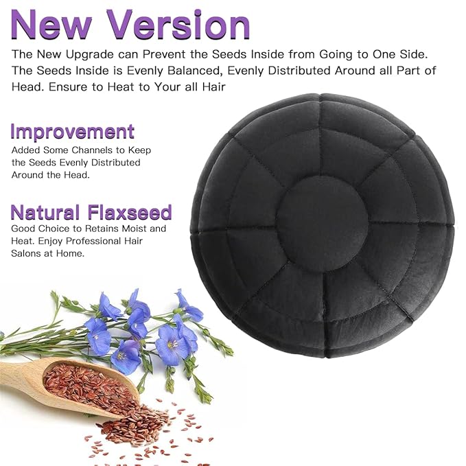 Deep Conditioning Heat Cap Cordless 100% Natural Cotton Flaxseed Seed Interior Microwave Treatment Steam Hot Cap for Deep Conditioning Natural Curly Hair, Drying, Styling (Black)