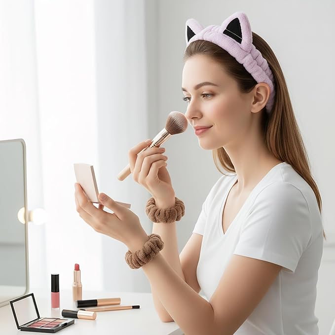 Cat Ears Headband, Cute Spa Headband and Wristband Set Washing Face Skincare Makeup Headbands for Women Girls Trendy Stuff Present Soft Coral Fleece Hair Accessories(Pink Purple+Khaki)