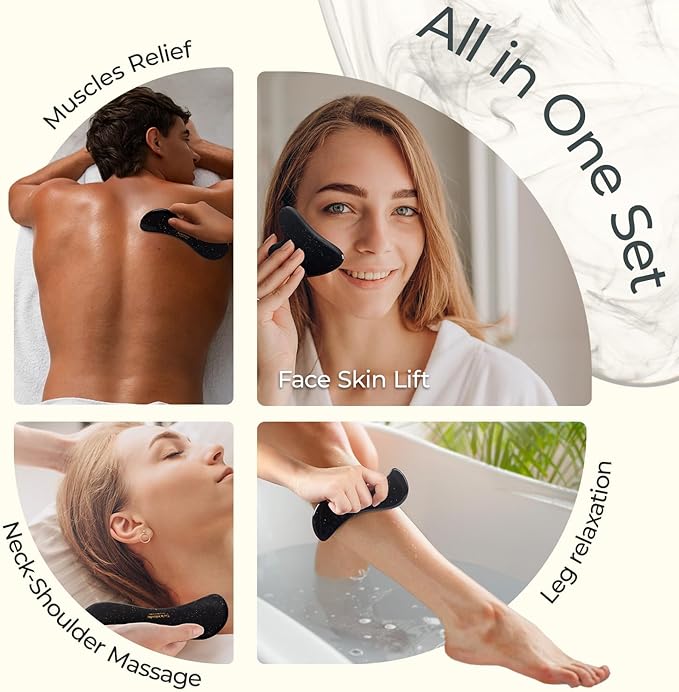Scienlodic 3 Pcs Gua Sha Massage Tools for Face & Body (Black Gold, Resin) - Scraping Tools for Back, Legs & Muscle Relaxation, Guasha Facial Tool for Jawline Contouring & Puffiness Reduction