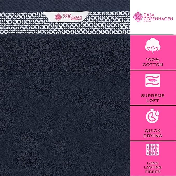 CASA COPENHAGEN Solitaire 6 Pieces Towel Set- Navy, 600 GSM 2 Bath Towel 2 Hand Towel 2 Washcloth, Designed in Denmark Made of Soft Egyptian Cotton for Bathroom, Kitchen & Shower