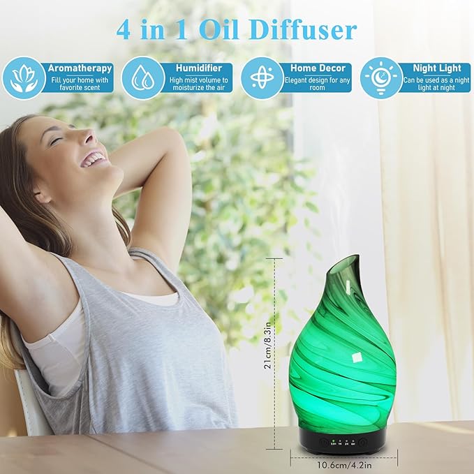 Essential Oil Diffuser 150ML, Glass Aromatherapy Diffuser with 4 Timer Settings & 7 Color Changing Lights, Waterless Auto Shut-Off, Ultra Quiet Oil Diffuser for Home, Office, Yoga, Spa and Sleeping