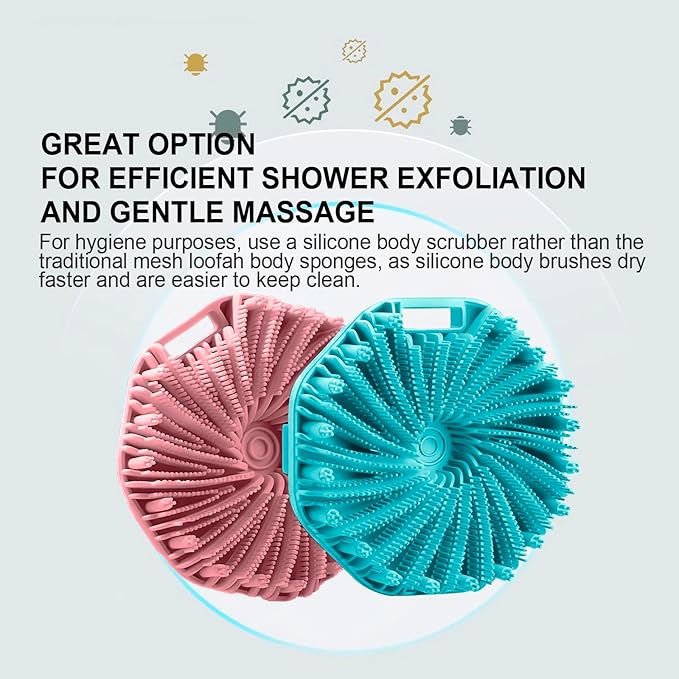 RamPula Silicone Body Scrubber, Silicone Loofah, Quick-Dry Exfoliating Body Brush for Wet or Dry Brushing, More Hygienic Than Traditional Loofah, Medium-Bristle Brush, Cyan and Bean Paste Pink