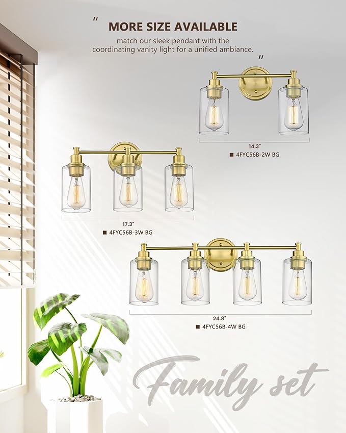 FEMILA Champagne Gold Bathroom Vanity Light, 2-Light Vanity Lighting fixtures, Modern Wall Sconce Bathroom Lighting with Claer Glass Shade, 4FYC56B-2W BG