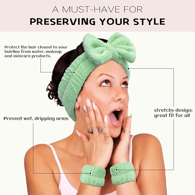 Ayesha Green Spa Headband and Wristband Set for Skincare Makeup Headband Wrist Cuffs for Washing Face Bubble Skincare Hairband for Women Girls