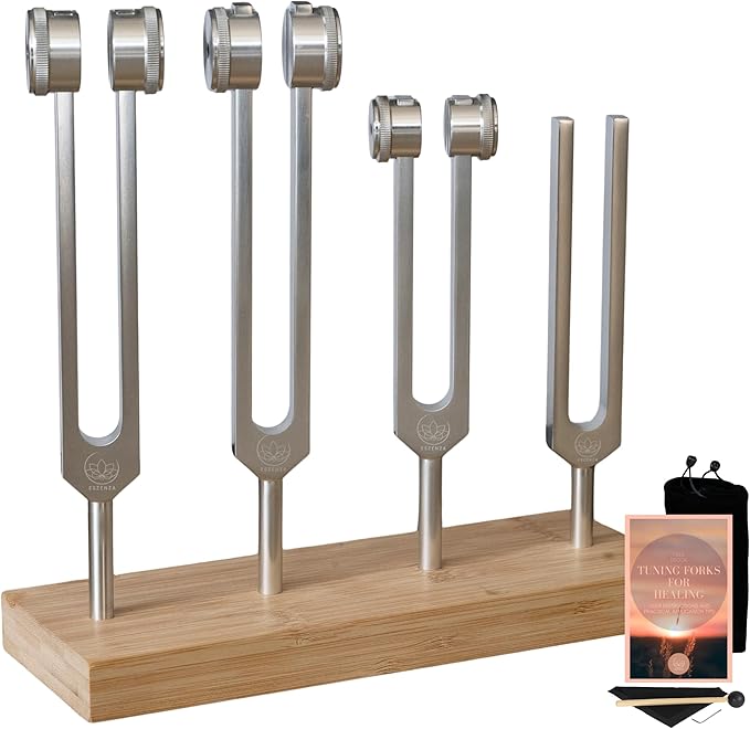 Tuning Forks for Healing Set – 128 Hz, 136.1 Hz, 256 Hz, 384 Hz Sound Healing Instruments with Bamboo Display Tray and User Guide for Sound Therapy, Meditation, Chakra Healing & Sound Bath Rituals