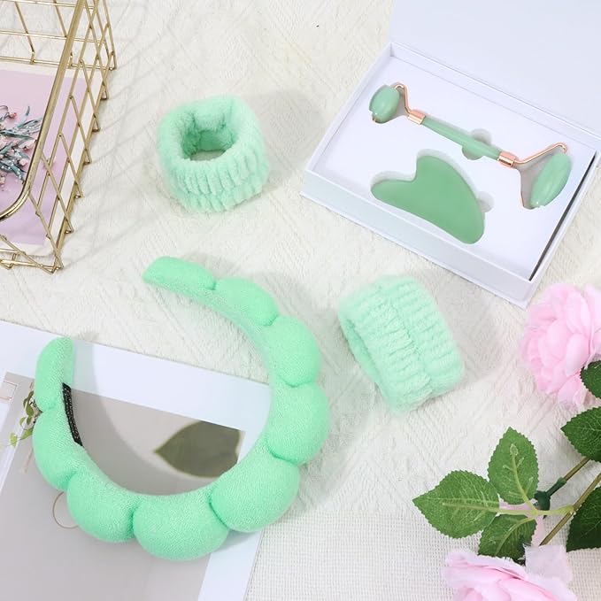 Chanaco Spa Headband and Wristbands for Women Skincare Headband for Washing Face Gua Sha & Jade Roller Facial Tools Green Makeup Fash Wash Hairband Teen Girl Gifts Trendy Stuff