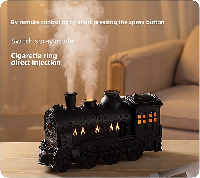 Retro Train Aromatherapy Diffuser 300ML Ultrasonic Cool Mist Humidifier with LED Night Light, Remote Control, Timer, 2 Mist Modes for Home Bedroom Office
