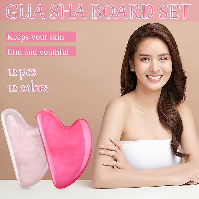 Sherr 12 Pcs Gua Sha Facial Tools Resin Heart Shaped Massage Guasha Tool for Face Guasha Board for Face Body Skin Massage Spa Acupuncture Prevent Wrinkles, 12 Colors(Sweet Color)