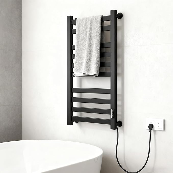 Verida Towel Warmer Rack, Heated Towel Rack for Bathroom, Wall-Mounted Plug (Not Hardwired), Aluminum Alloy, with Timer and Temperature Adjustment, Overheat Protection Function(Large Black)