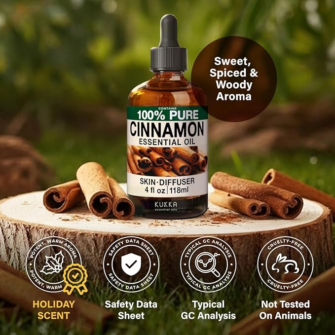 100% Pure Cinnamon Oil - 4 Fl Oz Cinnamon Essential Oil for Hair, Skin, Diffuser, Aromatherapy & DIY Soap Making Scent