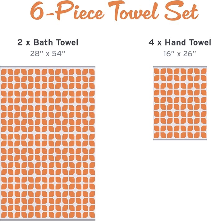 Intelligent Design Lita Cotton Bathroom Towels , Jacquard Highly Absorbent Bath Towel Set , 6-Piece Include 2 Bath Towels & 4 Hand Towels , Orange Grey