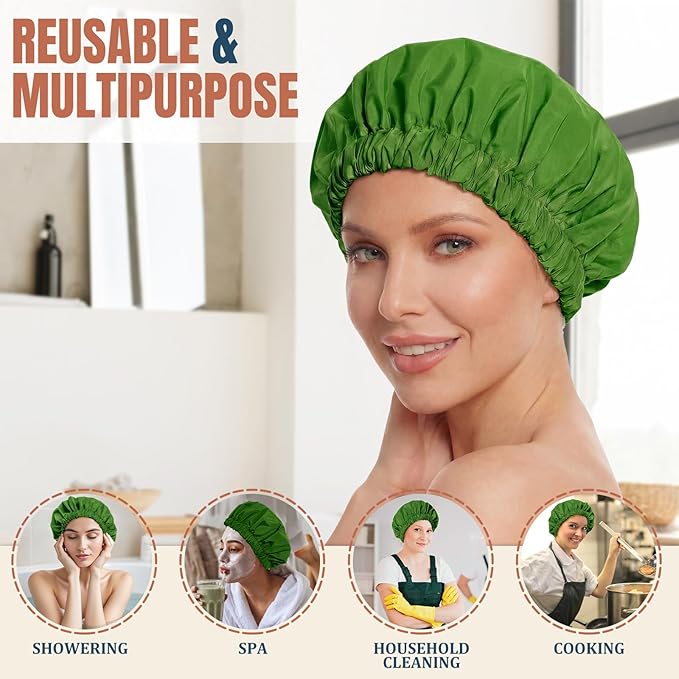Reusable Shower Cap for Women, Large Waterproof Shower Bonnet with Elastic Band, Washable Bath Hair Cap for Long, Curly Hair, Braids, Daily Shower, Home Spa, Travel(Sage)
