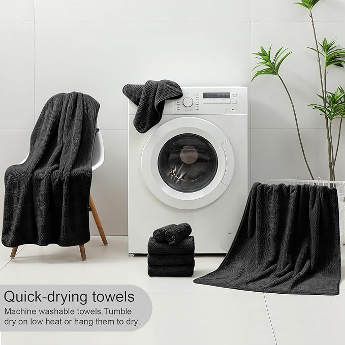 8 Piece Bath Towel Set-2 Oversized Bath Sheets(35"x70"),2 Hand Towels,4 Washcloths-Extra Large Microfiber Towel Sets,Less Lint Highly Absorbent & Quick Dry Bath Towels for Bathroom Gym Pool,Black
